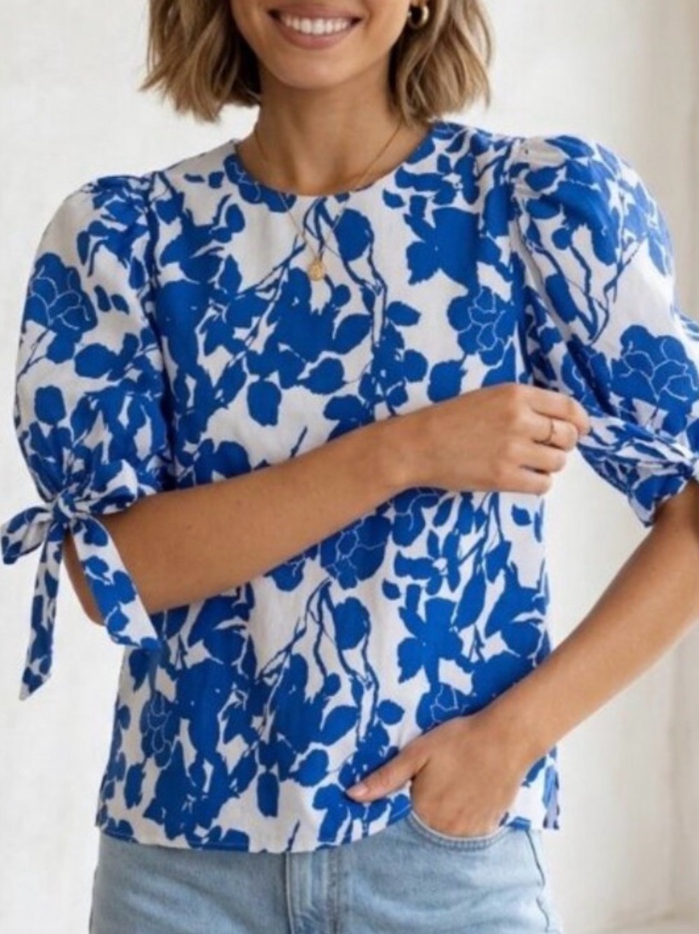Tuckernuck Hyacinth House Blue Floral Puff-Sleeve Tie Cuff Blouse - Women Sz XL